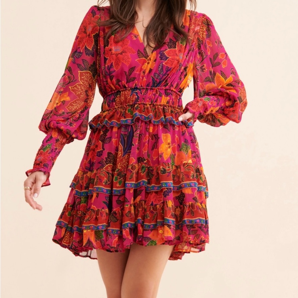 FARM Rio Tropical Tapestry Long-Sleeve Minidress